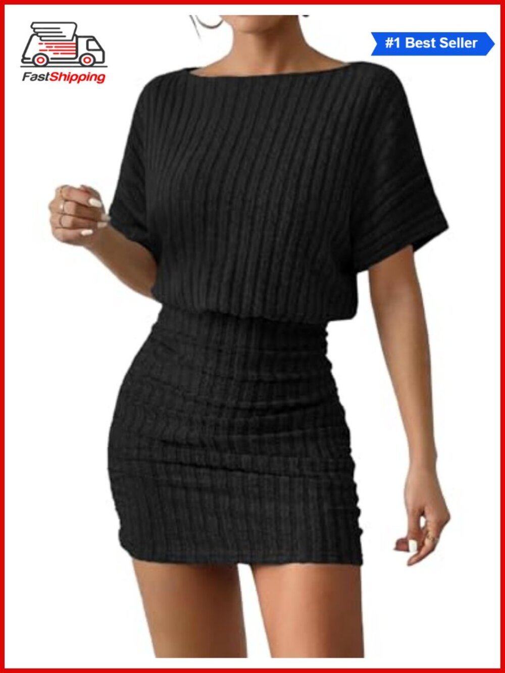 Women Short Sleeve Ribbed Knit Mini Dress Bodycon Party Club Casual